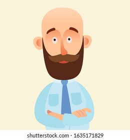 Smiling and kind bald man with a beard and mustache, standing folded arms. Hipster, barber man and businessman. Vector illustration, flat design element, cartoon style.