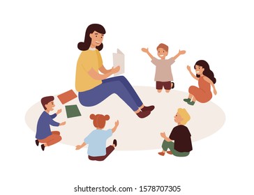 Smiling Kindergarten Teacher And Kids Flat Vector Illustration. Woman Tutor And Preschoolers Reading In Nursery. Babysitter And Children Cartoon Characters. Primary Education, Preschool Development.