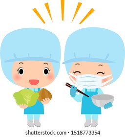 Smiling kitchen workers with cooking tools