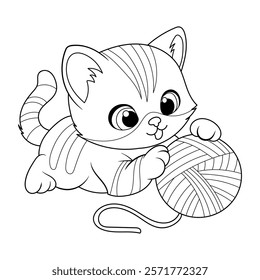 smiling kitten with a ball of yarn coloring page for kids