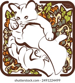 A smiling kitten or cat icon or button which is formed by a playful transparent shape, with a botanical and tropical element design.