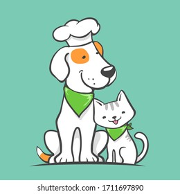 gatito sonriente y perro con gorra de chef como ilustración del logo de comida para mascotas. vectorial