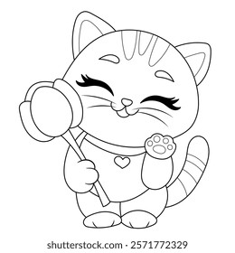 smiling kitten with flower coloring page for kids