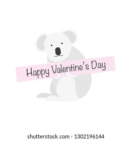 Smiling koala bear holding pink "Happy Valentine's Day" sign on it paws - Vector Illustration