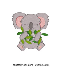 Smiling koala with eucalyptus leaves. Vector illustration of a cute animal. Cute little illustration of koala for kids, baby book, fairy tales, covers, baby shower invitation, textile t-shirt.