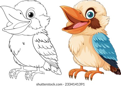 Un pájaro sonriente de Kookaburra, nativo de Australia, se sitúa en un fondo blanco en una ilustración de un estilo de dibujos animados vectoriales