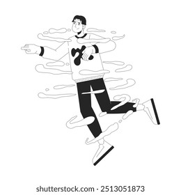 Smiling korean male floating in steam rings black and white 2D line character. fantasy about flight. Dreaming man in whirlpool solated vector outline person. Monochromatic spot illustration