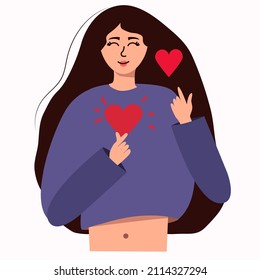 Smiling Korean woman crosses two fingers in the shape of a heart, the sign expresses love. Korean heart gesture. The concept of love and happiness. Flat vector illustration.