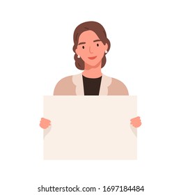 Smiling lady carrying a blank placard with a place for text isolated on white background. Female activist, woman holding an empty paper sheet. Vector illustration in flat cartoon style