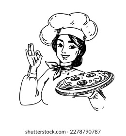 Smiling lady chef in a uniform, vintage woman cook with pizza. Line art black and white drawing, hand drawn illustration, design for pizzeria.