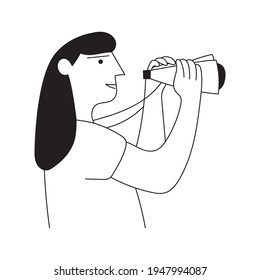 Smiling Lady Looking Through Binoculars. Outline Illustration On White Background.