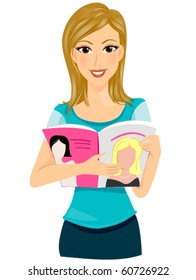 A Smiling Lady Reading A Women's Magazine - Vector