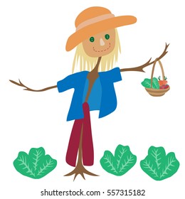 smiling lady scarecrow with hat and vegetable basket vector 