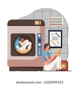 Smiling lady sitting near big washing machine, holding book and reading and waiting. Washing children clothes and toys. Waiting time in public laundry. Vector flat illustration in blue colors
