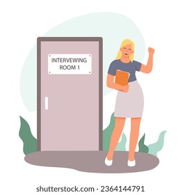 Smiling lady standing near interviewing room and happy to be hired. Waiting for an interview. Work of human resources department. Flat vector illustration in cartoon style