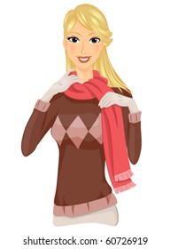 A Smiling Lady Wearing Winter Clothes Fixing the Scarf Wrapped Around Her Neck - Vector