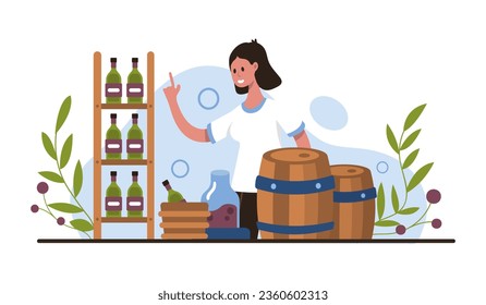 Smiling lady working in bar, testing different wine production. Time for winemaking process with organic grapes. Vector flat illustration in cartoon style in blue and brown colors