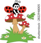 Smiling ladybug on mushrooms vector illustration