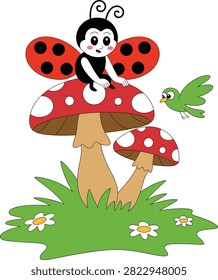 Smiling ladybug on mushrooms vector illustration