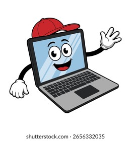 Smiling laptop character wearing red cap waving cartoon