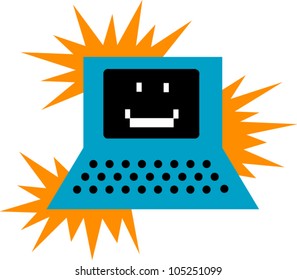 Smiling laptop computer emitting star bursts