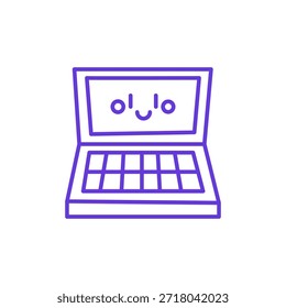 Icono sonriente del ordenador portátil. Ilustración de línea delgada de la computadora portátil abierta con pantalla y teclado felices, pictograma de dispositivo digital para el trabajo, estudio, comunicación en línea y aprendizaje.