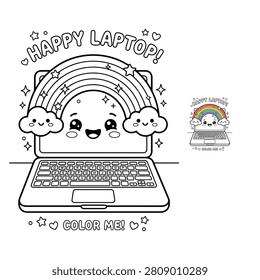 Smiling laptop with rainbow, clouds, and stars, kids coloring page black white line computer
