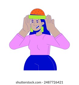 Smiling latin american woman putting on hat 2D linear cartoon character. Hispanic female with winter accessory isolated line vector person white background. Fashion color flat spot illustration