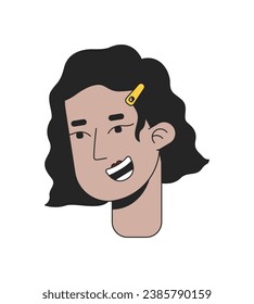 Smiling latina girl wavy bob with hair clip 2D linear cartoon character head. Hispanic young adult isolated line vector person face white background. Brunette bob color flat spot illustration