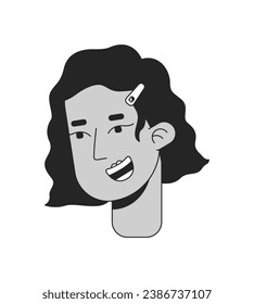 Smiling latina girl wavy bob with hair clip black and white 2D line cartoon character head. Hispanic young adult isolated vector outline person face. Brunette monochromatic flat spot illustration