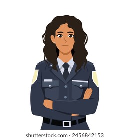 Smiling latina woman police officer in uniform standing with arms crossed. Flat vector illustration isolated on white background