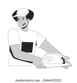 Smiling latino street food vendor offering taco on tray 2D line character. Hispanic man in cap serving fastfood. Friendly worker isolated vector ink outline person. Monochromatic spot illustration