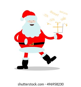 Smiling laughing fat Santa Claus holds gift on his stretched hand, happy new year, old man character flat vector illustration isolated on white background