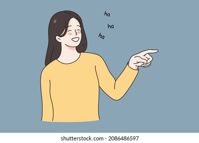 Smiling laughing and positive emotions concept. Young girl standing pointing at something and laughing with open mouth and words lettering aside vector illustration 