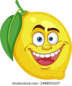 Smiling lemon with expressive eyes and leaf