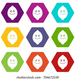 Smiling lemon fruit icon set many color hexahedron isolated on white vector illustration