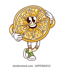 Smiling lemon slice character with big eyes, white gloves, and green shoes. Fun groovy cartoon style citrus mascot for drinks branding, kids design, or summer projects, vector illustration.