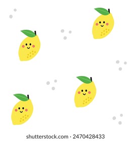 Smiling lemons flat hand drawn seamless pattern. Healthy nutrition cartoon texture. Organic food illustrations. Kids nutrition sketch color clipart. Kitchen textile, background vector fill.