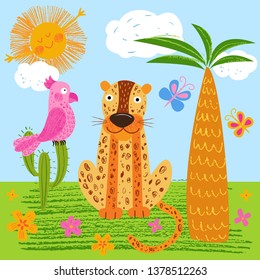 Smiling leopard with cockatoo near the palm tree. Cute African animals. Vector sunny background. Hand drawn illustration. Chalk and pencil brush texture. Funny character for kids.