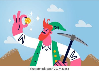 Smiling leprechaun with axe work at rocks find golden coin. Happy cartoon character hold pickaxe excited with gold ingot. Success and luck concept. Flat vector illustration. 