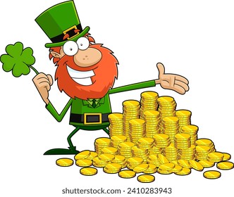 Caricatura De Leprechaun Sonriente Con Shamrock Y Pila De Monedas De Oro. Ilustración dibujada a mano vectorial aislada en fondo transparente