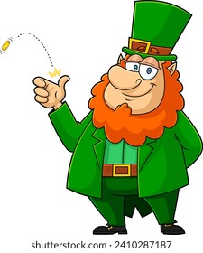 Smiling Leprechaun Cartoon Character Tossing A Gold Coin. Vector Hand Drawn Illustration Isolated On Transparent Background
