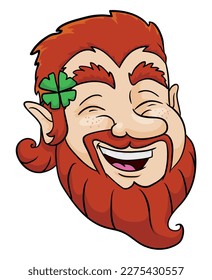 Smiling Leprechaun face with ginger hair and beard, pointed ears and four-leaf clover. Cartoon style design.