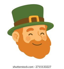 Cara sonriente del duende en sombrero verde, etiqueta engomada irlandesa linda del Clipart del Vector de San Patricio.