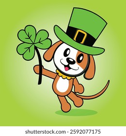 A smiling leprechaun with a green hat holding a cloverleaf, surrounded by shamrocks and clovers, celebrating St Patrick's Day in a fun and colorful cartoon style