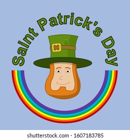 Smiling leprechaun head with red beard and wide brim hat. The inscription and the rainbow located in a circle. Element for Saint Patrick`s day decoration