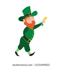 Smiling leprechaun holds coin in his hand. Symbol for Saint Patrick Day.