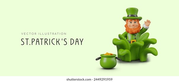 Smiling leprechaun peeks out from grass and waves, pot of coins standing nearby