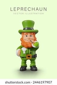 Smiling leprechaun smokes pipe and drinks cider. Vertical poster on green background