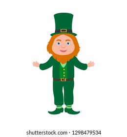 Smiling leprechaun standing and welcomes. Vector illustration.